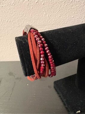 Burgundy Multistrand Beaded Faux Suede Magnetic Clasp Bracelet